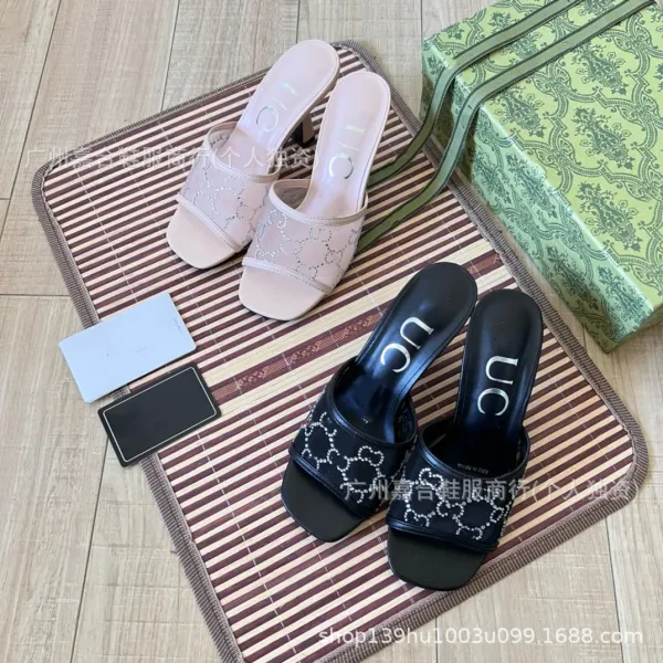 Gucci Marmont Slide Sandals Beige Mesh Heeled Slippers - 3