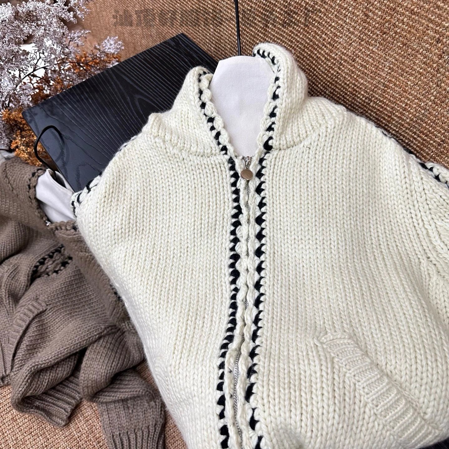 Hand-Knit Crochet-Trim Hooded Cardigan Beige Knit Cardigan - 16
