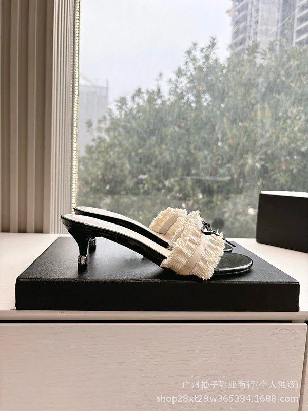 Chanel Mule with Ruffled Trim in Black and Cream Heels