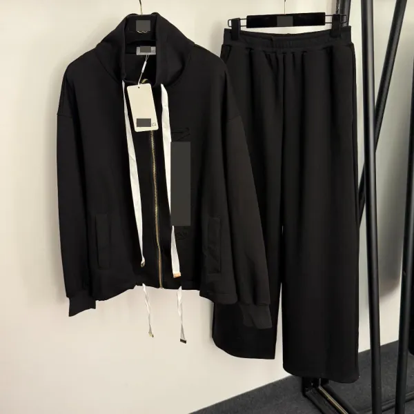 Design Hooded Zip-Up Jacket and Wide-Leg Sweatpants Set Black - 4