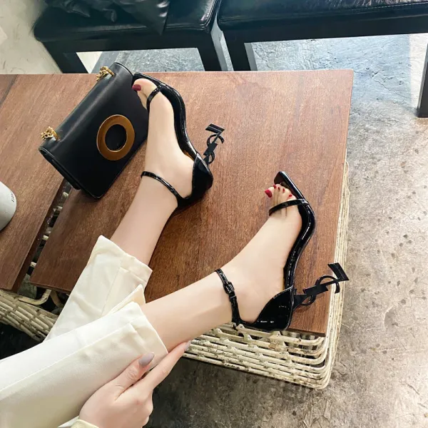Saint Laurent Tribute Sandals Black Patent Leather Heels - 2