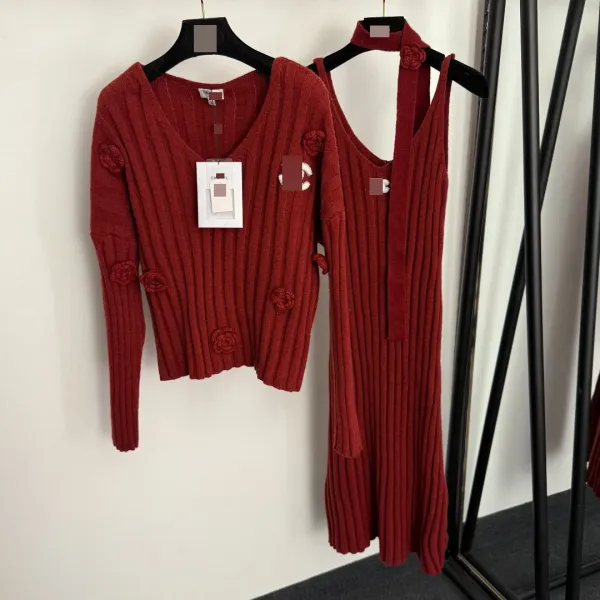 Chanel Knit Set with Camellia Embellishments Burgundy Sweater and Knit Dress - 4