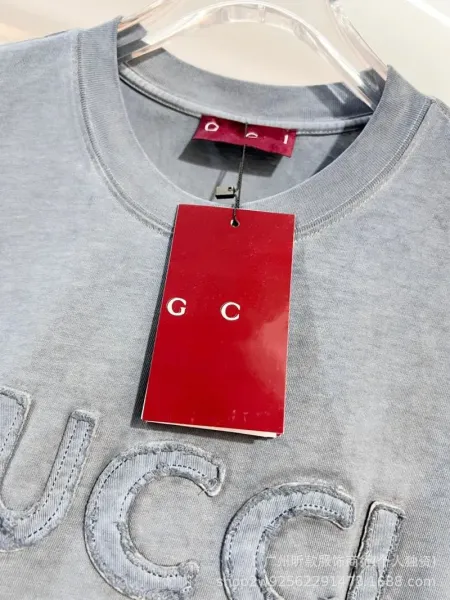 Gucci GCI Logo Embroidered Washed Denim Gray T-Shirt - 20