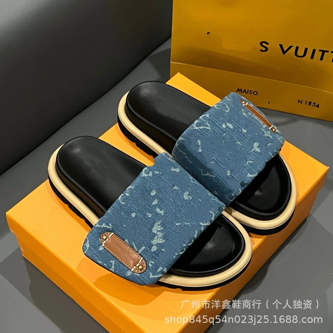 Unbranded Slippers Denim-pattern wide-strap slide image 4