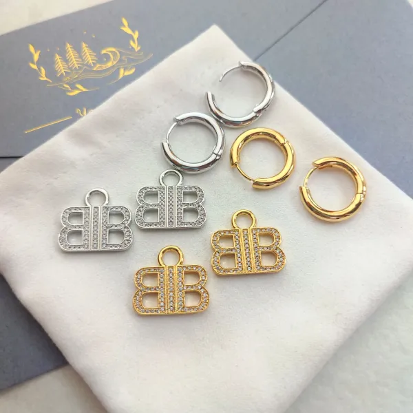 Balenciaga BB Logo Pave Hoop Earrings Silver - 4