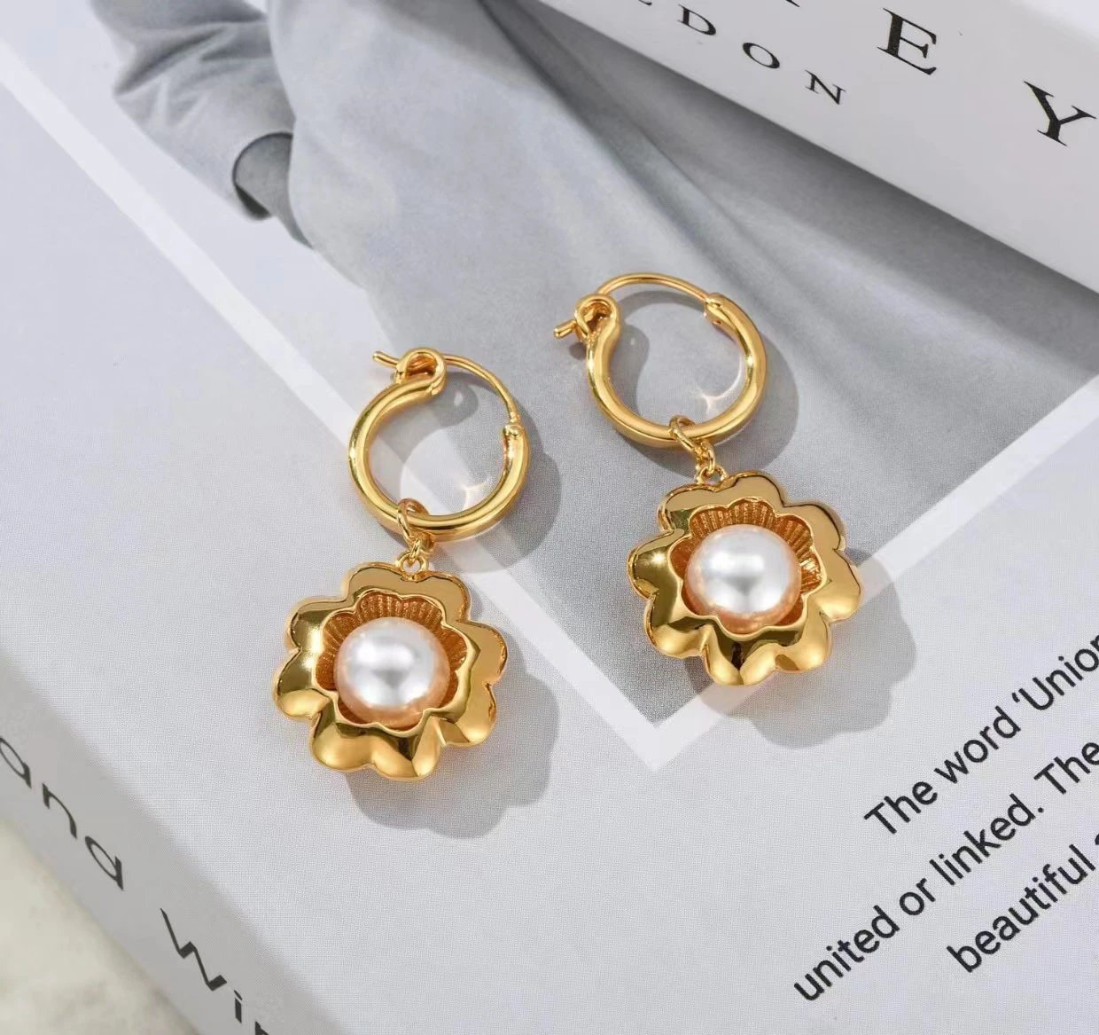 Floral Pearl Hoop Earrings Gold