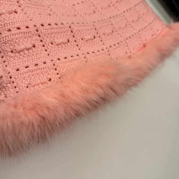 Pink Knit Skirt with Feather Trim and Buttoned Pockets - 11