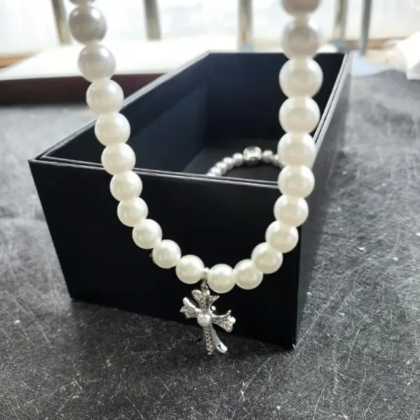 Pearl Bead Cross Pendant Necklace White - 11