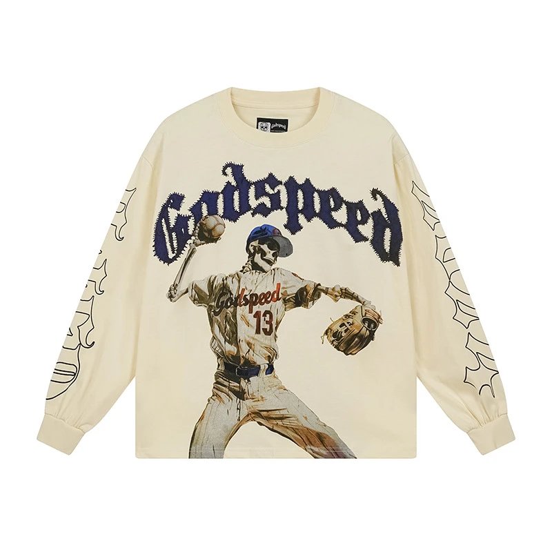Godspeed Skeleton Baseball Long Sleeve T-Shirt Beige - 1