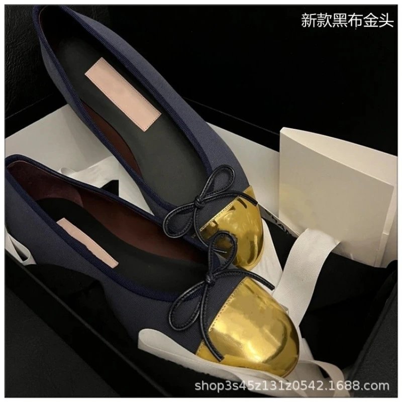 Design Ballet Flats with Gold Toe Cap and Bow Detail Navy Blue Shoes
