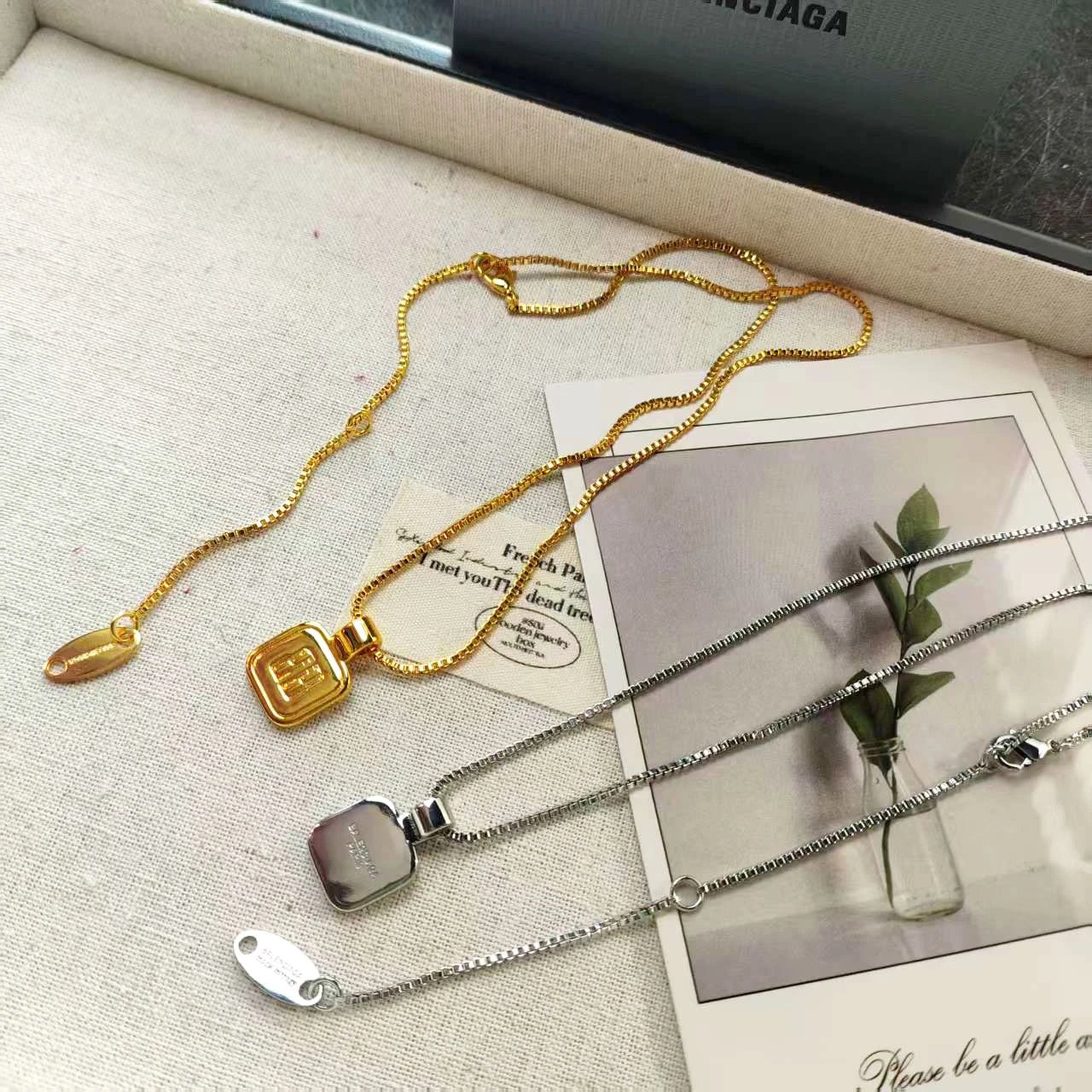 Balenciaga BB Square Pendant Necklace Gold - 4