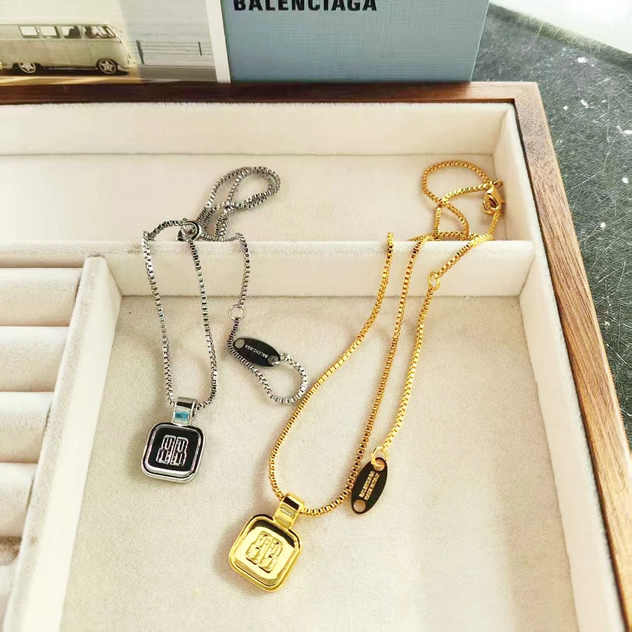 Balenciaga BB Square Pendant Necklace Gold - 2