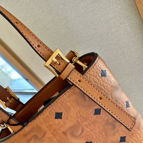 MCM Visetos Mini Bucket Bag Tan with Black Diamond Pattern Handbag - 8