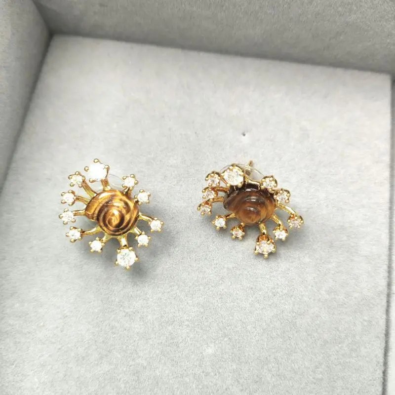 Gold-Tone Tiger's Eye Floral Stud Earrings with Cubic Zirconia