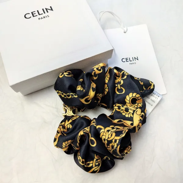 Celine Silk Scrunchie with Geometric Print Beige Accessories - 32