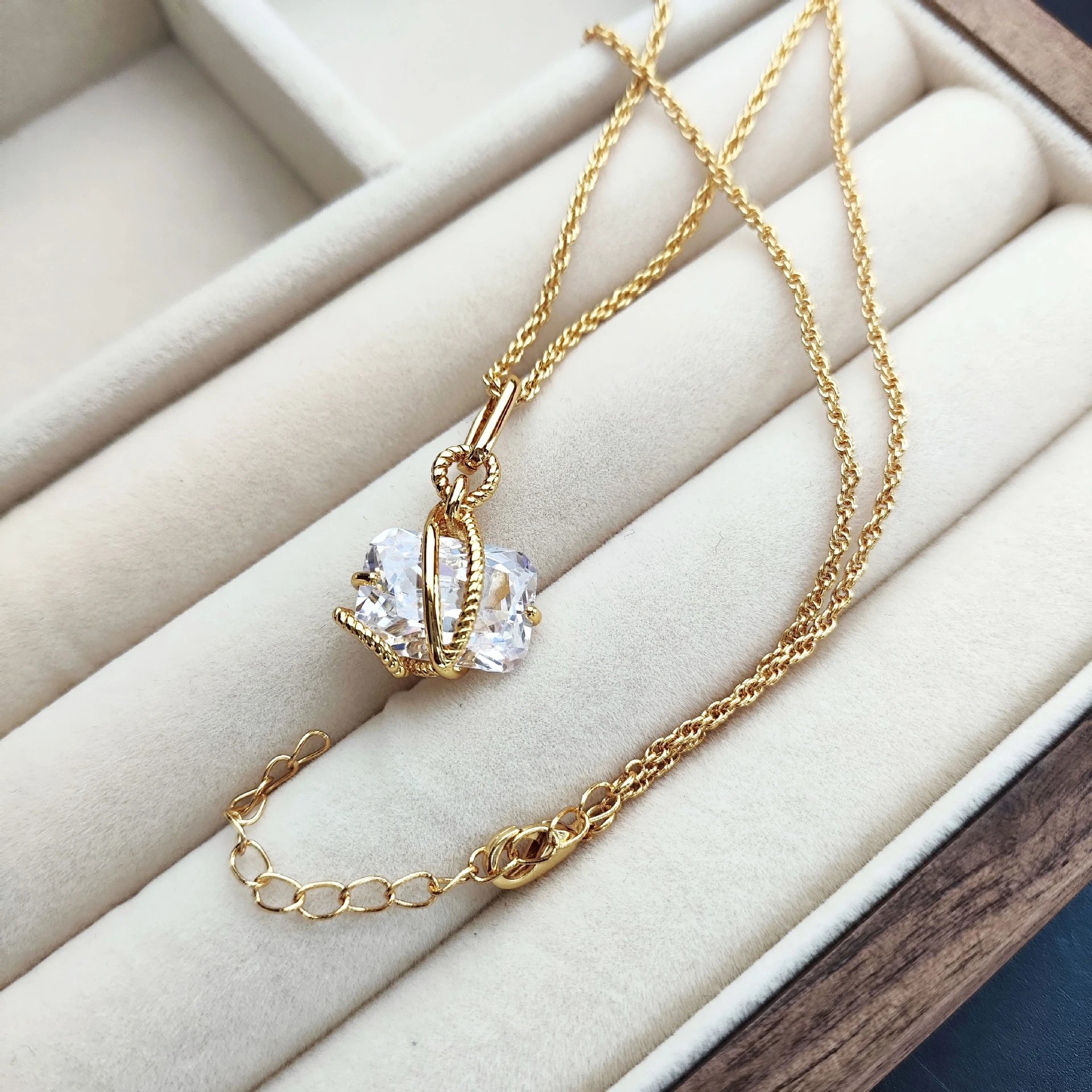 Gold-Tone Twisted Rope Pendant Necklace with Cushion-Cut Crystal