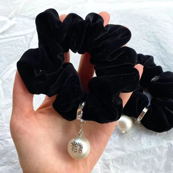 Velvet Pearl Charm Scrunchie Set in Black, Red, Yellow, and Blue - 12