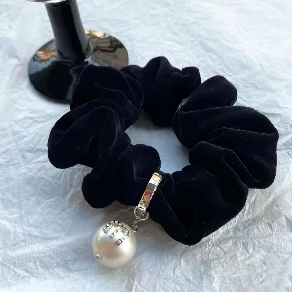 Velvet Pearl Charm Scrunchie Set in Black, Red, Yellow, and Blue - 7