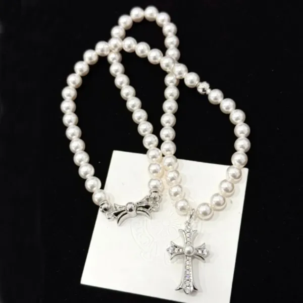 Pearl Bead Cross Pendant Necklace White - 2