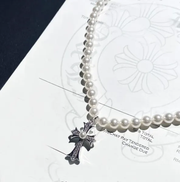 Pearl Bead Cross Pendant Necklace White - 10