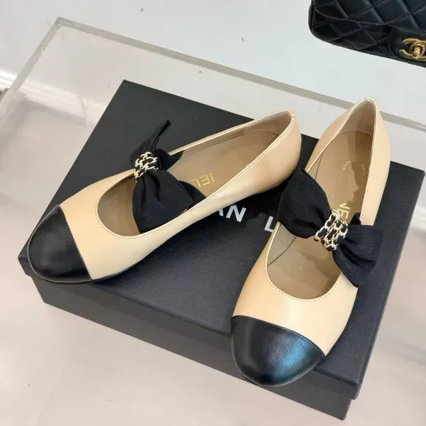 Chanel Ballerina Flats Beige and Black Two-Tone with Chain Bow - 9