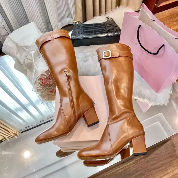Prada Square-Toe Knee-High Boots Black Leather Boots - 5