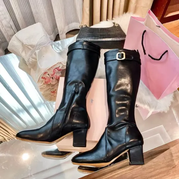 Prada Square-Toe Knee-High Boots Black Leather Boots - 9