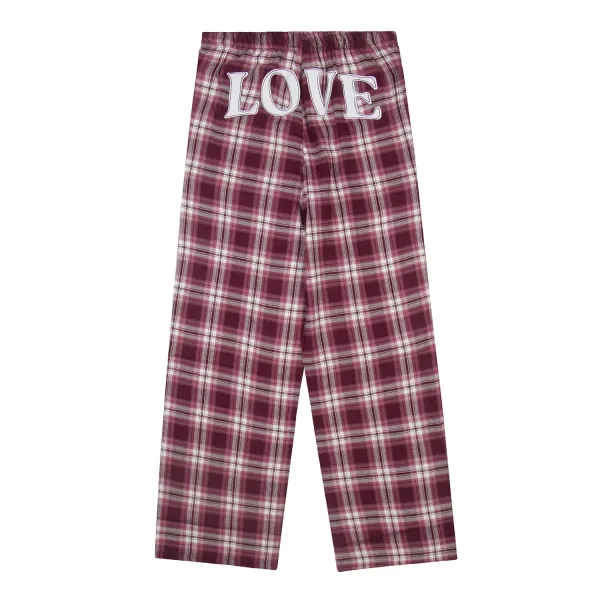 Design Plaid Lounge Pants with LOVE Print Burgundy Sleepwear - 5