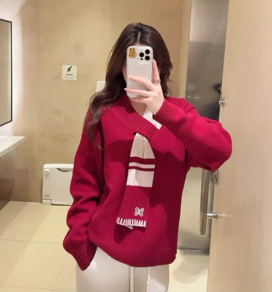 Off-White V-Neck Sweater with Scarf Detail in Burgundy - 6