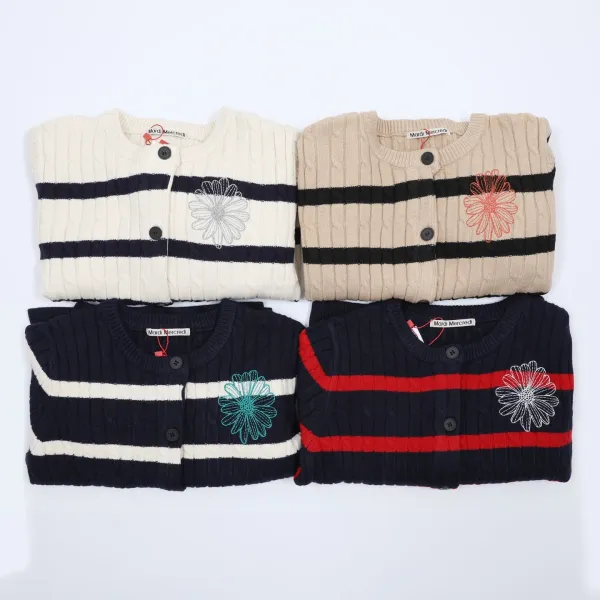 Mardi Mercredi Striped Cable Knit Cardigan with Embroidered Daisy Navy - 3