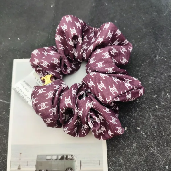 Celine Silk Scrunchie with Geometric Print Beige Accessories - 3