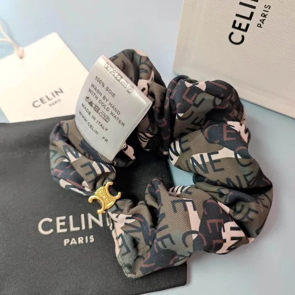 Celine Silk Scrunchie with Geometric Print Beige Accessories - 10