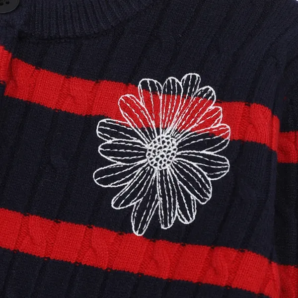Mardi Mercredi Striped Cable Knit Cardigan with Embroidered Daisy Navy - 19
