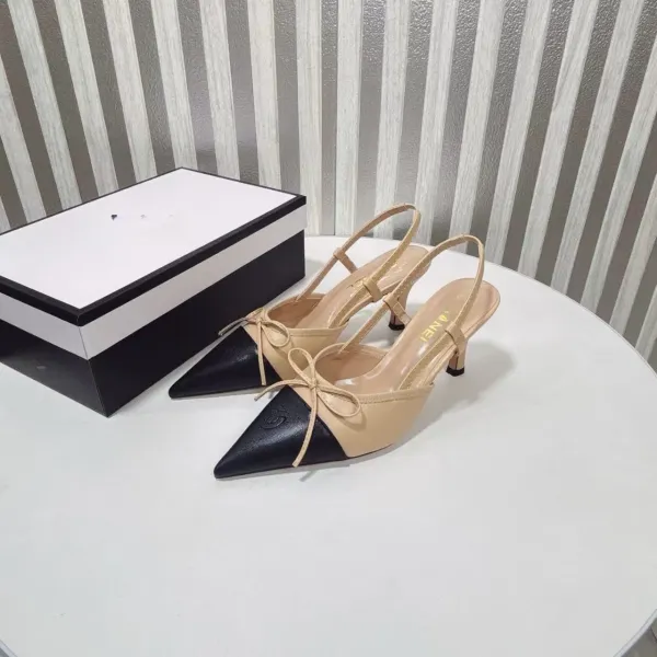 Chanel-inspired Two-Tone Slingback Heels with Bow Detail White/Black Heels - 12