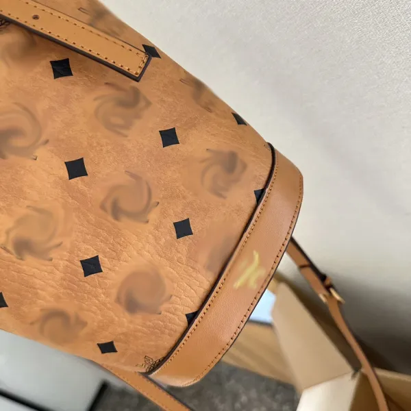 MCM Visetos Mini Bucket Bag Tan with Black Diamond Pattern Handbag - 5