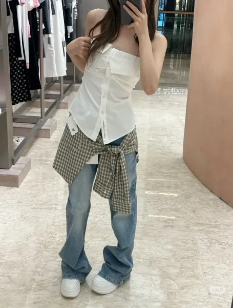 Gallery Dept. Patchwork Flare Jeans with Gingham Shirt Tie Detail Blue Jeans - 9