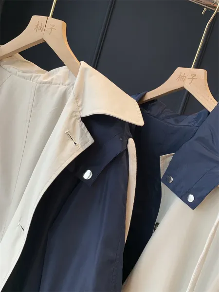Design Double-Collar Trench Coat Beige with Navy Contrast Outerwear - 10