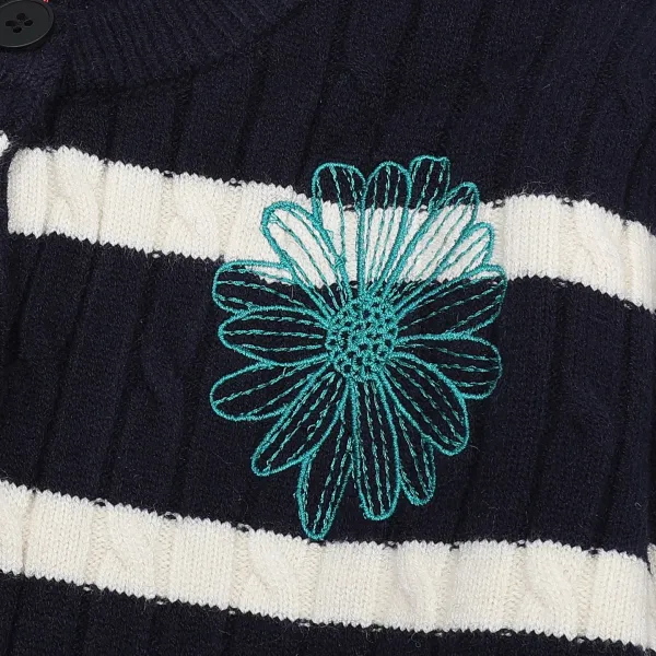 Mardi Mercredi Striped Cable Knit Cardigan with Embroidered Daisy Navy - 7