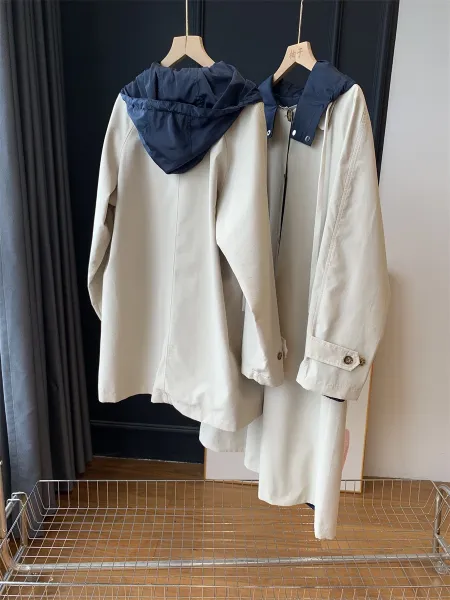 Design Double-Collar Trench Coat Beige with Navy Contrast Outerwear - 4