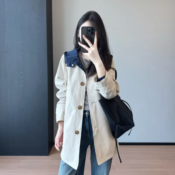 Design Double-Collar Trench Coat Beige with Navy Contrast Outerwear - 13