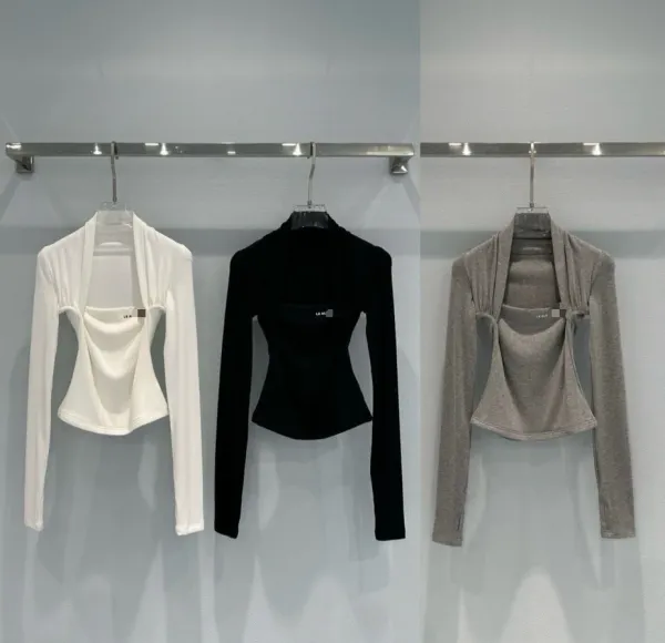 LE A - Black Draped Neck Long Sleeve Crop Top - 3