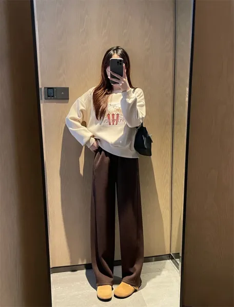 Unbranded Popcorn Graphic Hoodie Beige + Brown Wide-Leg Pants + UGG Slippers - 5
