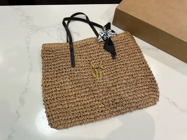 Saint Laurent YSL Monogram Straw Tote Bag Beige - 3