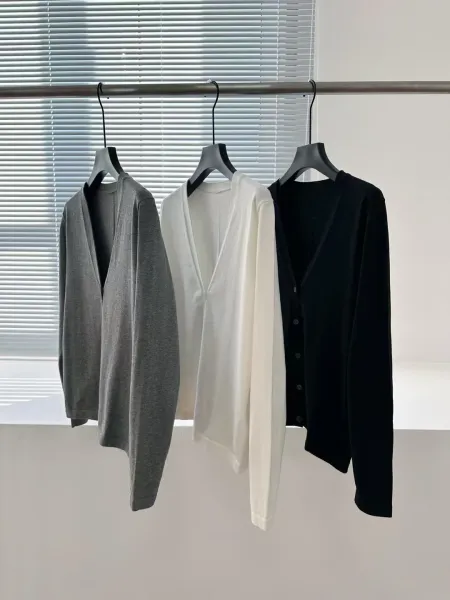 Minimalist V-Neck Cardigan in Gray, White, and Black - 5