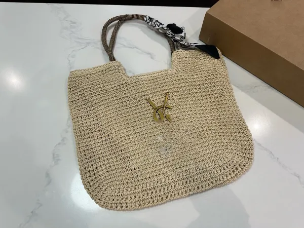 Saint Laurent YSL Monogram Straw Tote Bag Beige - 6