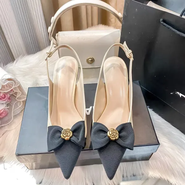 Dior J'Adior Slingback Heels Black Bow White Leather - 5