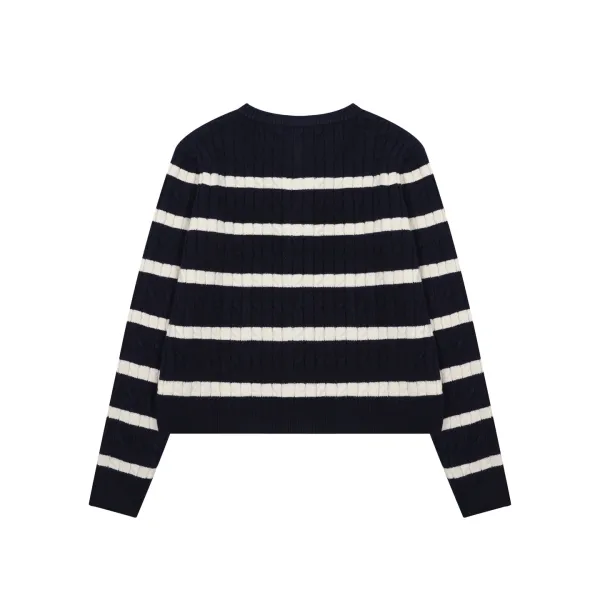 Mardi Mercredi Striped Cable Knit Cardigan with Embroidered Daisy Navy - 5