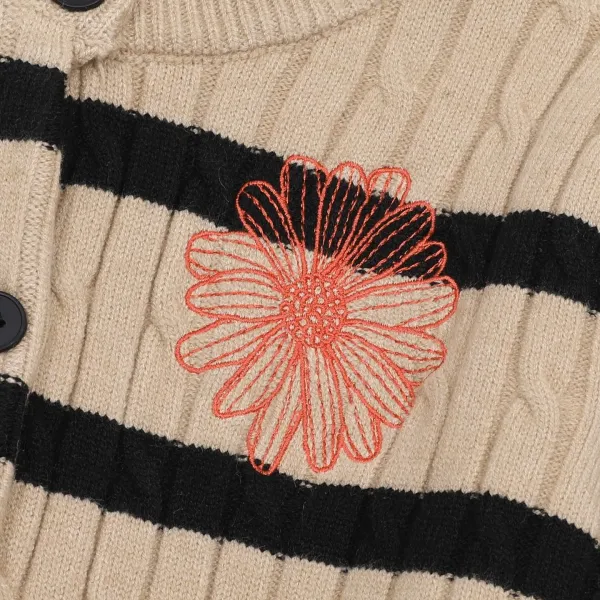 Mardi Mercredi Striped Cable Knit Cardigan with Embroidered Daisy Navy - 13