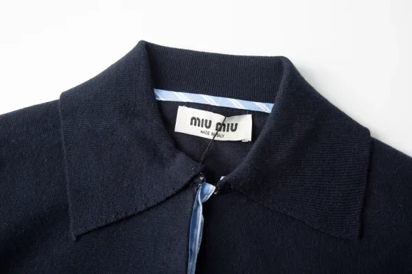 Miu Miu Logo-Embroidered Navy Knit Polo Sweater - 5