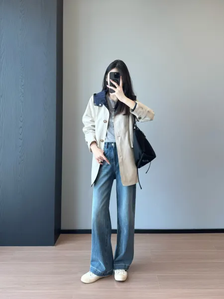 Design Double-Collar Trench Coat Beige with Navy Contrast Outerwear - 14